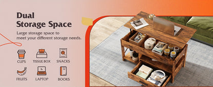 Adjustable Lift Top Coffee Table with Storage Drawers & Hidden Compartment - Modern Lift-Top Mechanism, Lift-Top Table Suitable for Living Room, Reception Room, Assembly Required, Wood/HDF, Space-Saving