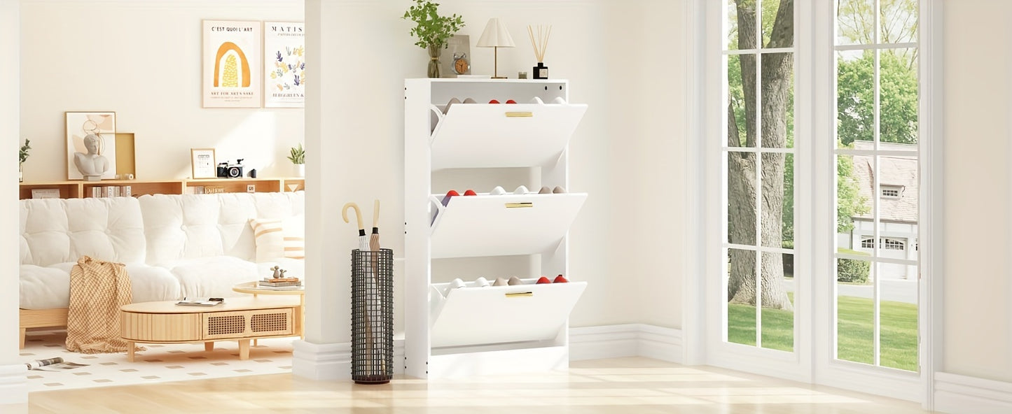 Modern Freestanding Hidden Narrow Shoe Cabinet with 3-Flip Drawers - Space-Saving Vertical Shoe Storage Organizer, Flip- Shelves Suitable for Entryway, Hallway, Narrow Spaces - Assembly, No Installation Required