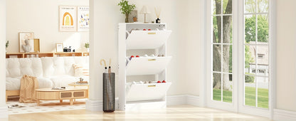 Modern Freestanding Hidden Narrow Shoe Cabinet with 3-Flip Drawers - Space-Saving Vertical Shoe Storage Organizer, Flip- Shelves Suitable for Entryway, Hallway, Narrow Spaces - Assembly, No Installation Required