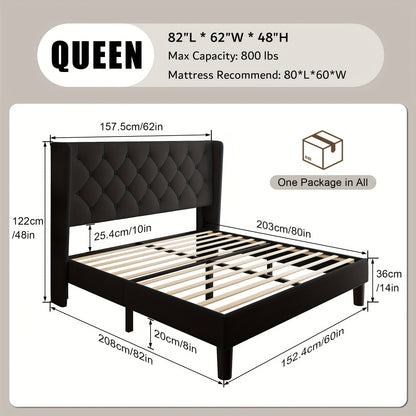 Modern Platform Bed Frame with 24-Inch Button-Tufted Headboard – Solid Wood Slats, Artistic Legs, Linen & Velvet, Dark Gray Light Grey Beige White Black, Full Queen King