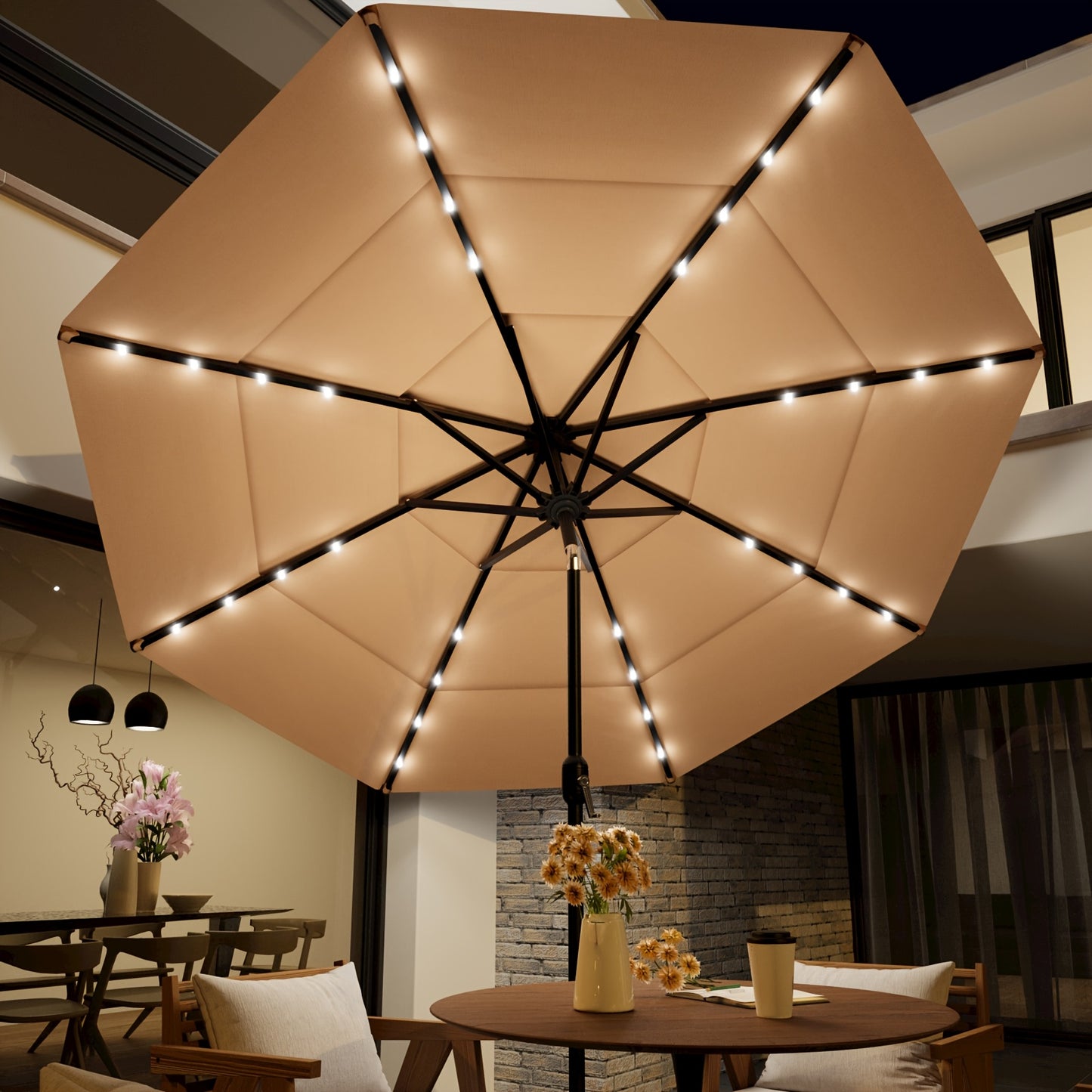 [3 Tier Outdoor Umbrella] 9ft/10ft/11ft 3 Tier Outdoor Umbrella, with 8 Strong Umbrella Ribs, Market Patio Table Umbrella with Push-button Tilt Function, Suitable for Patio, Garden, Pool, Hotel, Party, Potluck, Shade Umbrella