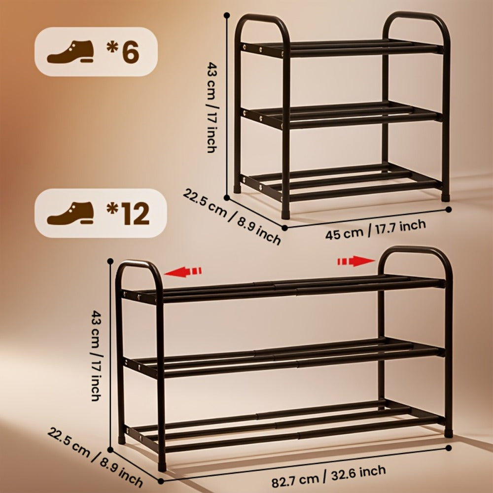 Adjustable Metal Shoe Rack 3-Tier Expandable Width 17.7"-32.6" Freestanding Shoe Organizer for Entryway Cloakroom Foyer – Sturdy Black Steel Shoe Shelf