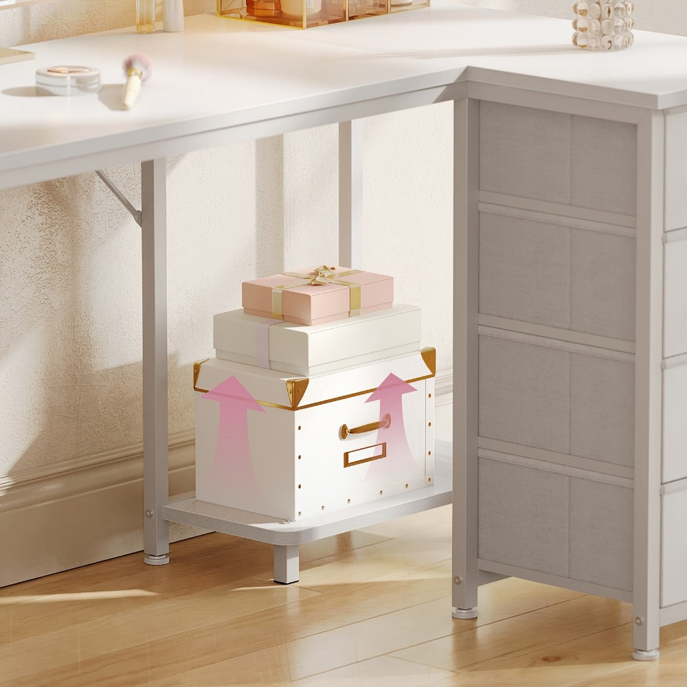 L Shaped Desk with 4 Drawers & Hook – Reversible White Corner Computer Desk with Storage, Study Vanity Table for Home Office Bedroom, 40" & 48" Small Space