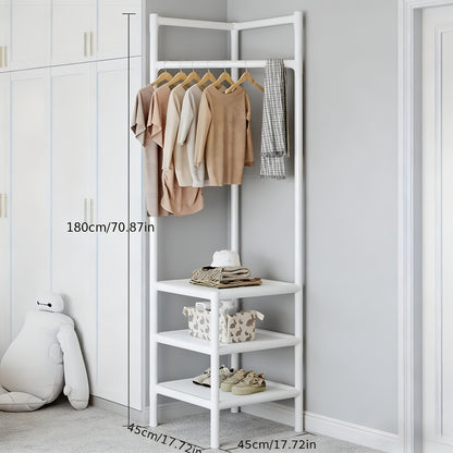 Corner Coat Rack with Shelves & Hanging Rods | Freestanding 2-Tier or 3-Tier Corner Clothes Hanger, Multi-Functional Storage Rack for Entryway, Bedroom, Bathroom | White or Black