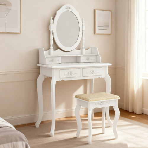 Rotating Mirror Vanity Table with 4 Drawers & Detachable 360° Mirror – Modern Dressing Table with Stool, MDF & Solid Wood, White