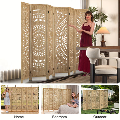 Antique White/Natural Wood 94.5 Inch Folding Room Divider, 3/6 Panels Wood Carved Boho Privacy Screens, Free Assembled Freestanding Partition For Home Office Bedroom Restaurant Studio Apartment