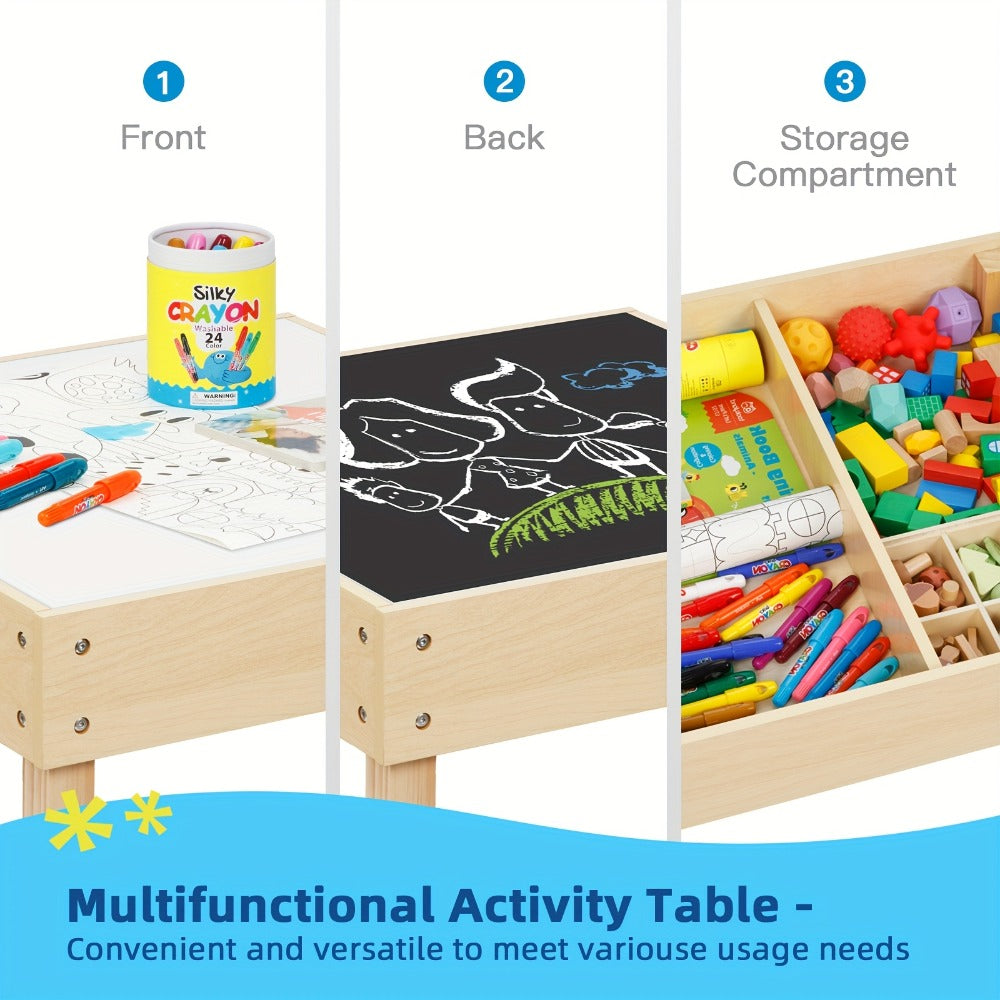 Wood Table And Chair Set, 3-In-1 Kids' Table And Chair Set with Double-Sided Desktop And Toy Storage, Ideal Choice for Room, Nursery, Playroom, And Daycare Center