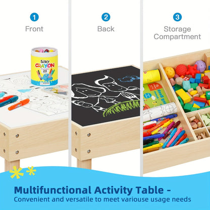 Wood Table And Chair Set, 3-In-1 Kids' Table And Chair Set with Double-Sided Desktop And Toy Storage, Ideal Choice for Room, Nursery, Playroom, And Daycare Center