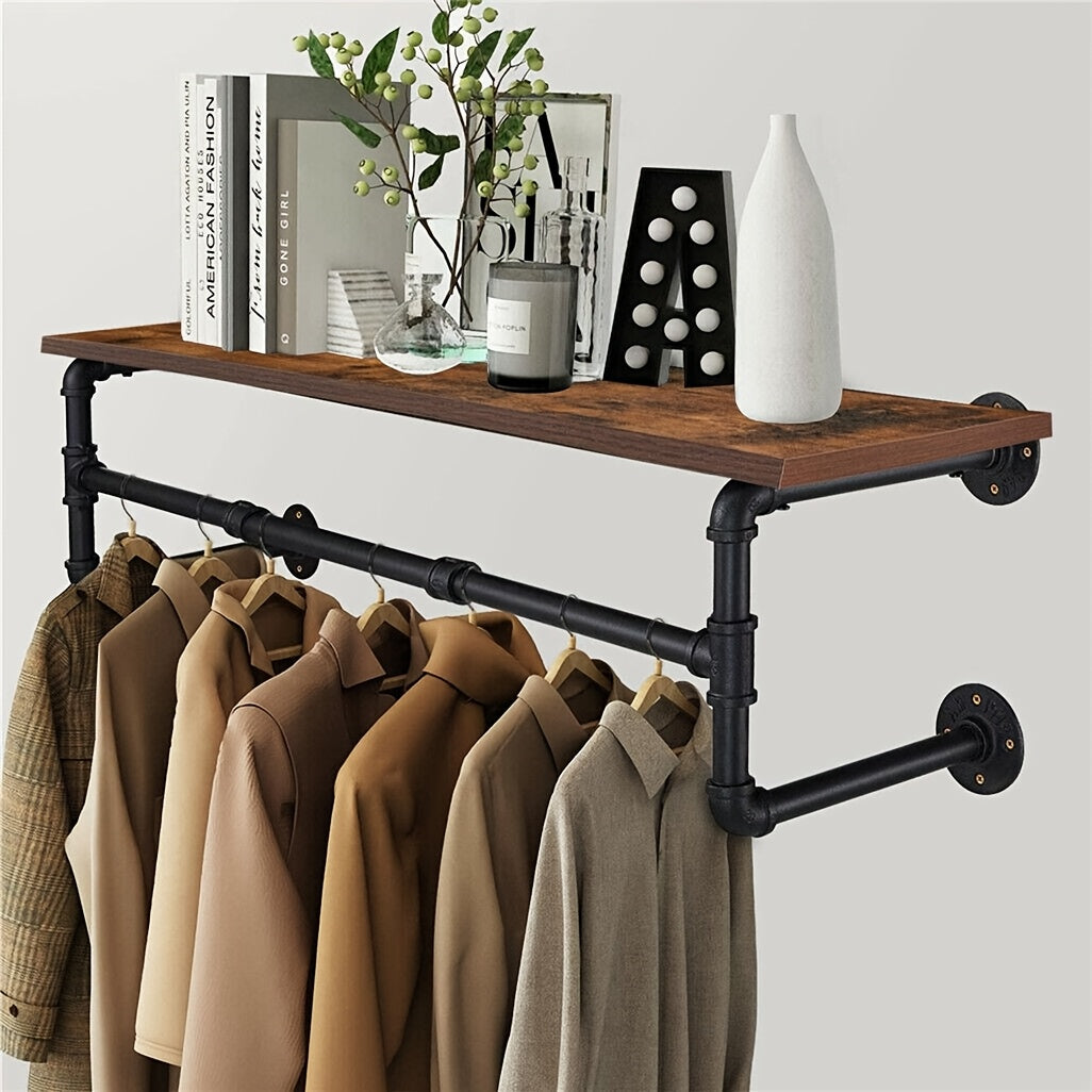 AESOME 39.3''L Industrial Pipe Clothes Rack with Top Shelf And 3 Hooks Wall Mounted Garment Rack Heavy Duty Detachable Multi-Purpose Hanging Rod for Closet Storage