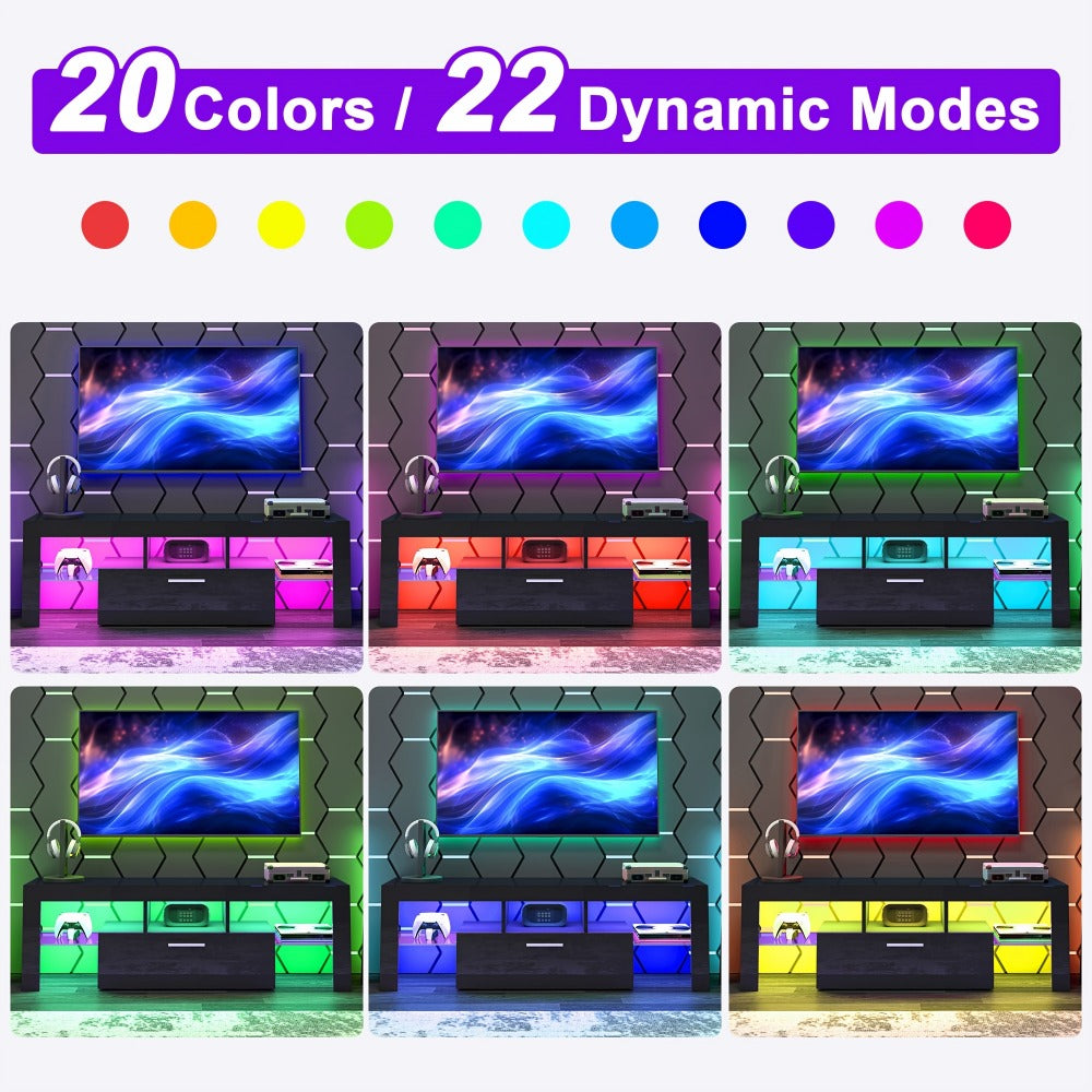 TV Stand with LED Lights & 2 Cabinets for 55 65 75 80 Inch TVs | 71" High Gloss Entertainment Center, Glass Shelves, Wood Media Console | Living Room Bedroom Gaming Room | White, Black or Marble