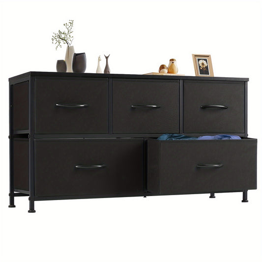Storage Cabinet with 5 Drawers: Fabric Closet Organizer, Metal Frame And Wood Tabletop, Ideal Chest Storage And Storage Cabinet for Lab, Living Room And Bed Room, Available In Brown, Black, Gray And White Color