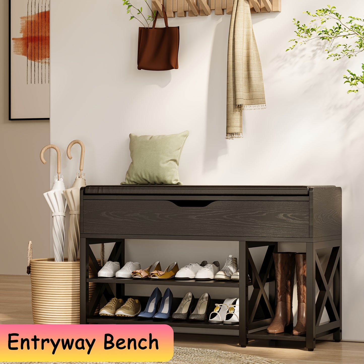 7 Pair Shoe Storage Bench With Cushion, Entryway Bench With Shoe Rack Shoe Organizer