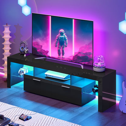 Contemporary LED TV Stand with Storage Drawers, High Gloss Media Console Table for TVs up to 80 Inch, Entertainment Center for Living Room Game Room Bedroom, 51" 63" 71" Sizes Black White Brown