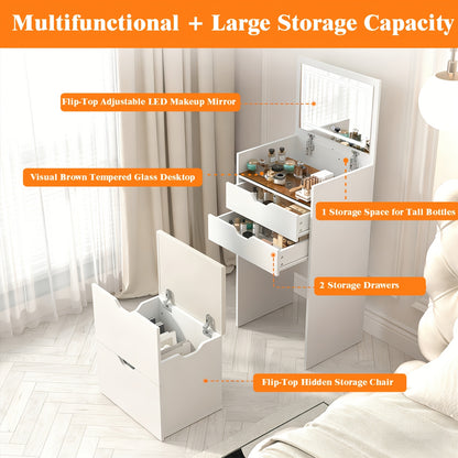 [3-In-1 Vanity Desk] 3-In-1 Vanity Desk with Flip Top Mirror, Small Makeup Vanity Set with Visible Glass Desktop, Compact Dressing Table with Drawers, 3-Color Lighting, Hidden Stool for Bedroom Space-Saving, White