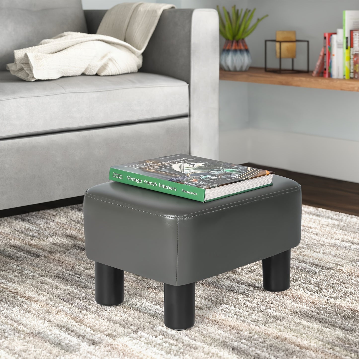Small Footstool Ottoman PU Leather Footrest Modern Rectangular Footstools for Office Living Room Bedroom