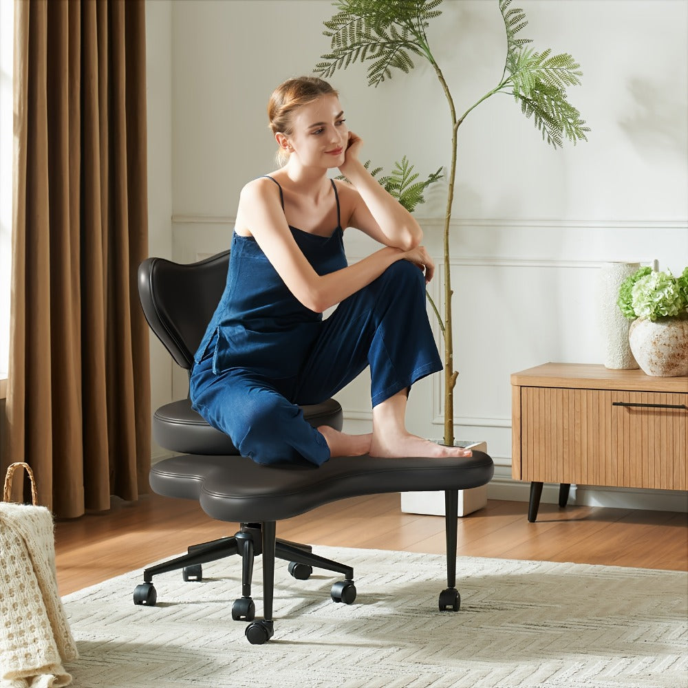 Cross-Legged Meditation Chair with Wheels – Height Adjustable ADHD Chair, Ergonomic Crescent Back Support, Memory Foam Seat, 360° Swivel, Teddy Fleece & Faux Leather in 4 Colors