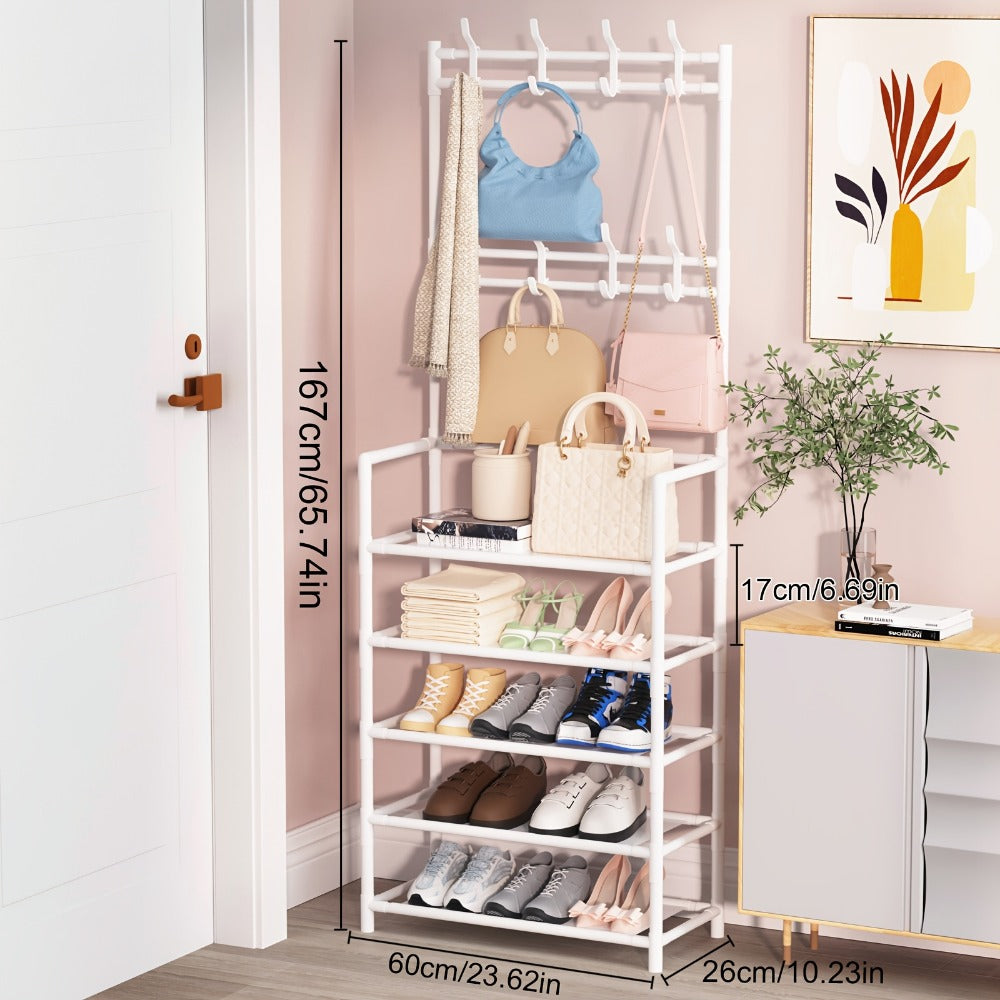 Shoe Rack with 10 Shoe Bags, Entryway Shoe Organizer & Hat Rack for Living Room Bedroom Hallway Dorm, Multi-Layer Freestanding Shoe Storage Shelf