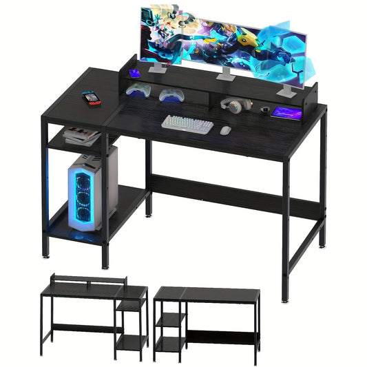 Computer Desk - 39" Gaming Desk, Home Office Desk with Storage, Small Desk with Monitor Stand, Writing Desk for 2 Monitors, Adjustable Storage Space, Modern Design Corner Table, Black, Gray, Marble Design