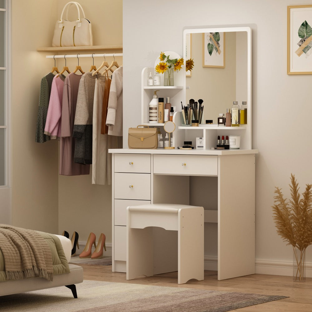 Vanity Desk Set with Large Mirror 5 Drawers Cushioned Stool and Storage Shelves 55 Inch Tall 70 Lbs Capacity Makeup Dressing Table with LED Light Option White Black