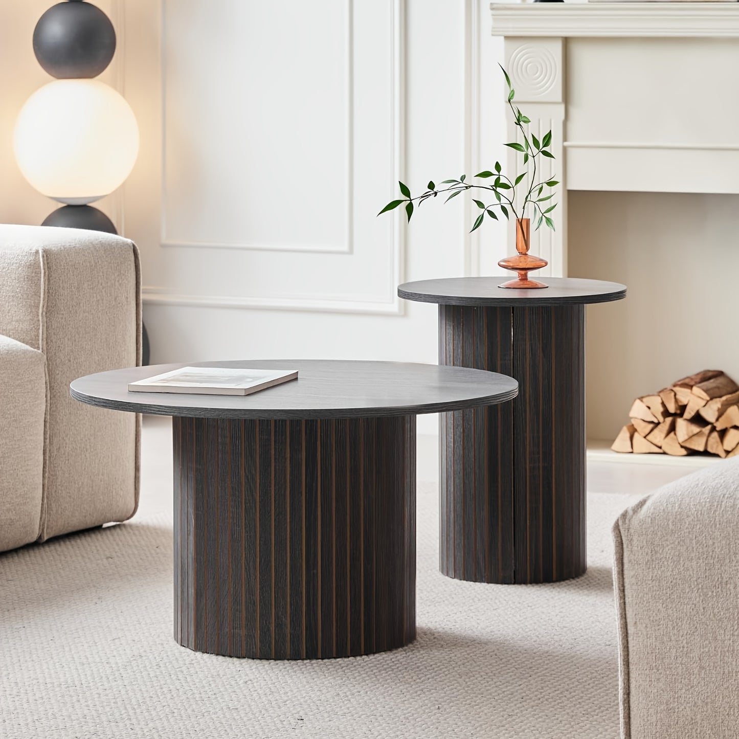 Round Nesting Coffee Tables Set of 2, Boho Wood Circle Side Table Fluted Drum, Farmhouse End Table for Living Room Bedroom, Apartment