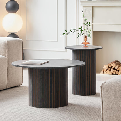 Round Nesting Coffee Tables Set of 2, Boho Wood Circle Side Table Fluted Drum, Farmhouse End Table for Living Room Bedroom, Apartment