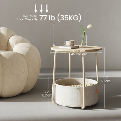 Small Round Side End Table with Fabric Basket Storage Modern Nightstand Accent Table for Bedroom Living Room Sofa 6 Colors Available