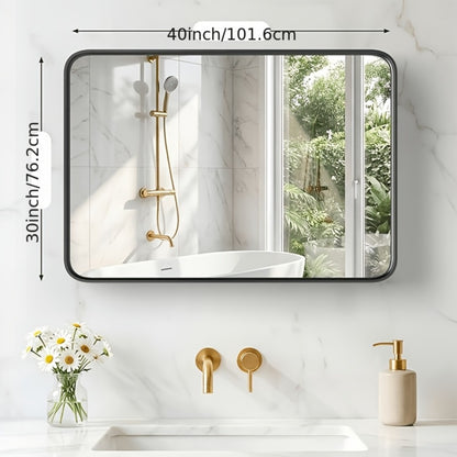 Rounded Rectangle Wall Mounted Vanity Mirror Modern Matte Metal Frame, Decorative Bathroom Mirror for Entryway Bedroom Living Room Home Decor