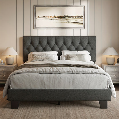 Platform Bed Frame with 21 Inch Soft Padded Headboard Striped or Button Tufted Solid Wood Slats Art Legs Twin Full Queen Black Linen Dark Grey White Velvet