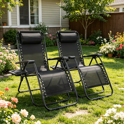 2pcs Zero Gravity Chairs, Outdoor Folding Recliner Lounge Chair, Breathable Fabric Adjustable Reclining Patio Chair With Cup Holder Trays & Headrest Pillow For Beach Camping Poolside Backyard Garden Lawn