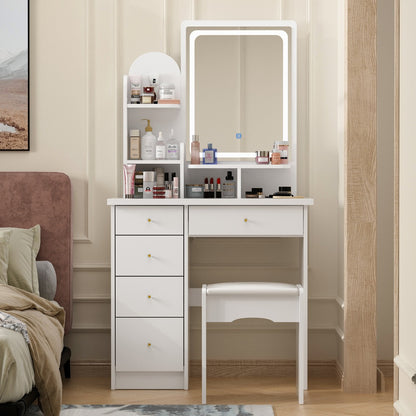 Vanity Desk Set with Large Mirror 5 Drawers Cushioned Stool and Storage Shelves 55 Inch Tall 70 Lbs Capacity Makeup Dressing Table with LED Light Option White Black