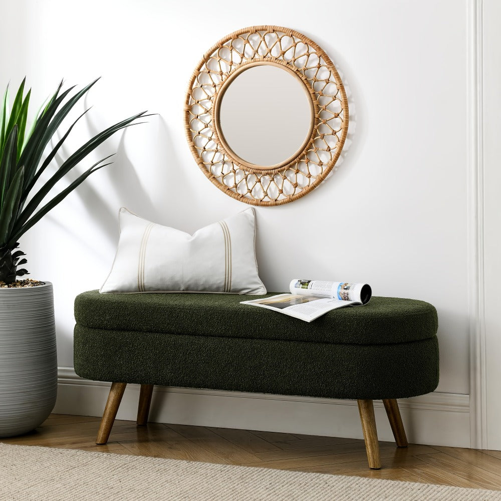 Oval Storage Bench with Linen Upholstery and Solid Wood Legs - Perfect for Hallway, Bedroom, or Living Room Organization