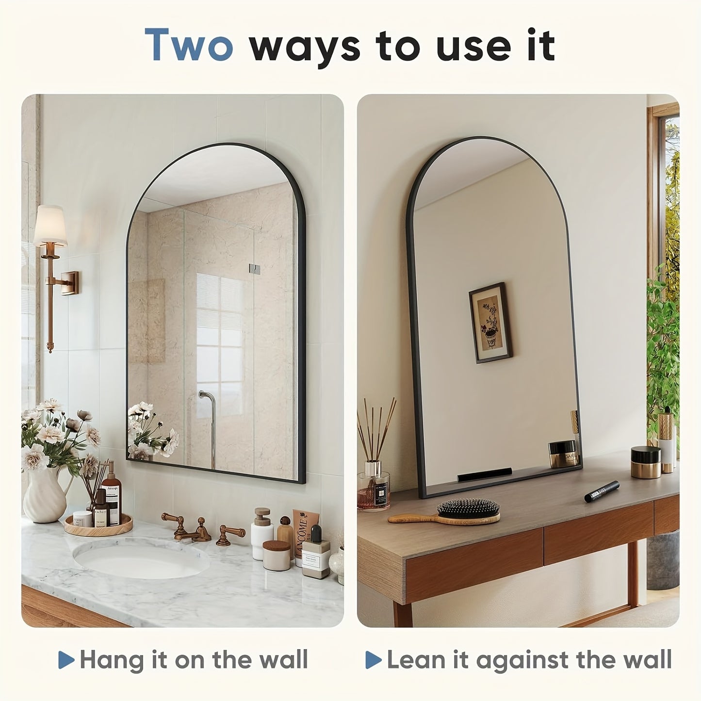 Arch Bathroom Mirror, Wall-Mounted Vanity Mirror, Bathroom Mirror Over Sink with Metal Frame Shatter-Proof, Modern Home Decor Mirror for Bedroom, Living Room
