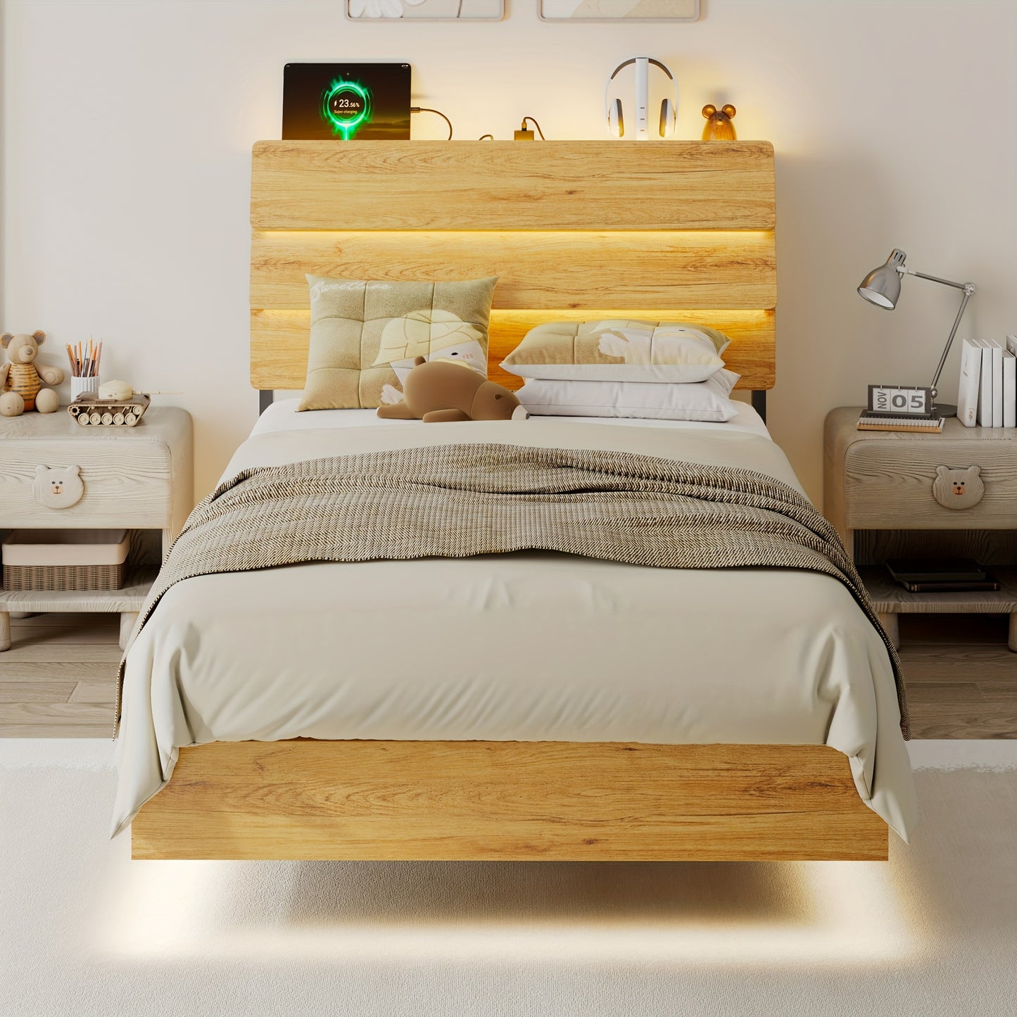 Valnase Floating Bed Frame with LED Lights, with Built-In Charging Station Storage Wooden Headboard, Heavy-Duty Metal Support, Easy Assembly