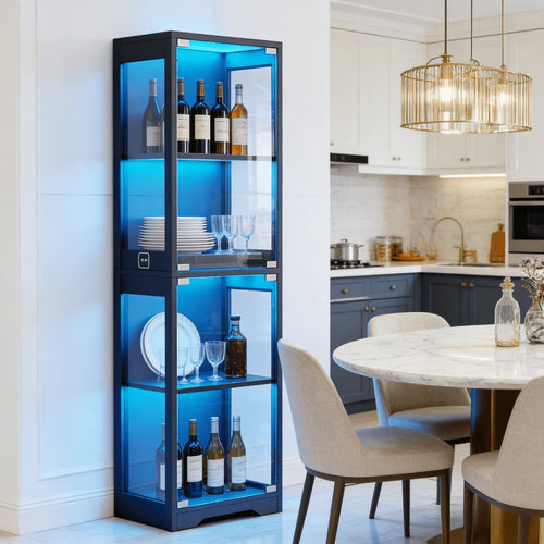 4-Tier Glass Display Cabinet with 3 LED Lights & Motion Sensor – Single Door Curio Cabinet for Tableware, Wine & Collectibles in Dining Room & Living Room