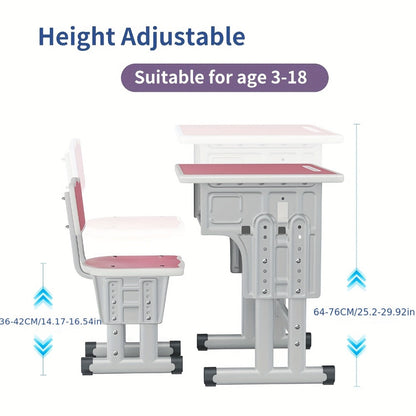 1 Set Classic Adjustable Height Youngsters Desk And Chair, Ergonomic Metal Study Table with Utility Drawer, Floor Mounted School Furniture for Youngsters Aged 3-18 Years, Ideal Christmas Gift