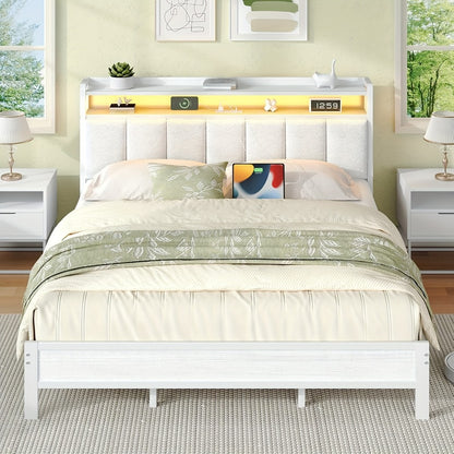 Bed Frame with Storage Headboard LED Lights and Charging Station Twin Full Queen King Heavy Duty Metal Slatted Base No Box Spring White Grey Cream