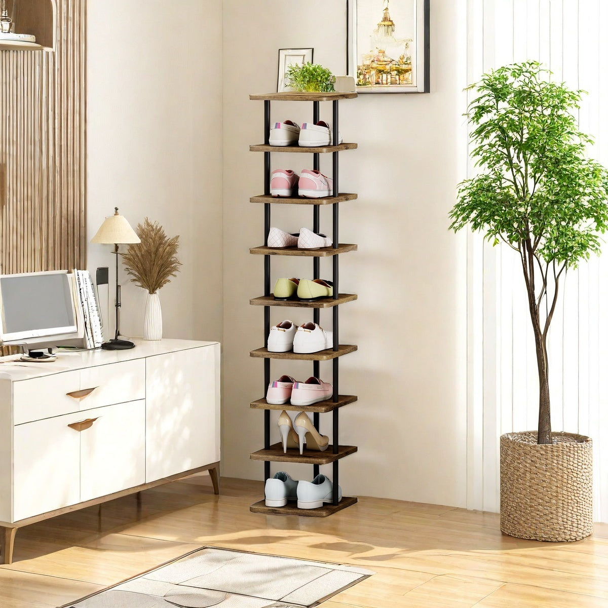 Shoe Rack 9 Tier Vertical Storage Organizer - Narrow Metal Slim Shelf - Modern Free Standing Shoe Tower - Saving Space for Closet Entryway Bedroom - For Home Organization - Perfect Gift for Housewarming