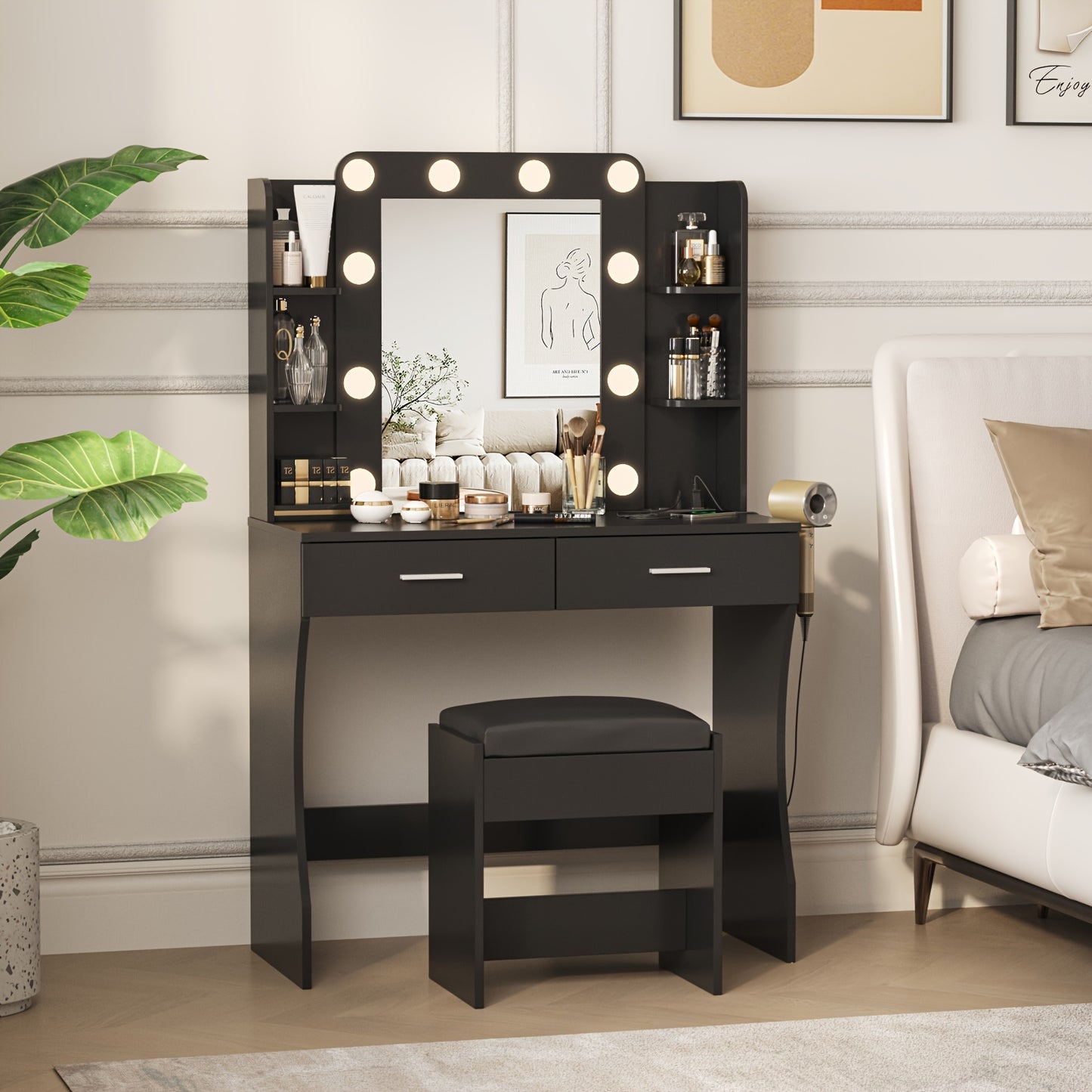 [LED Vanity Desk] Vanity Desk With LED Lighted Mirror & 10+ Strip, 6-Drawer Makeup Dressing Table With Stool Suitable For Bedroom,, Plug-And-Play Assembly, Modern For Room, Dorm, Beauty Salon