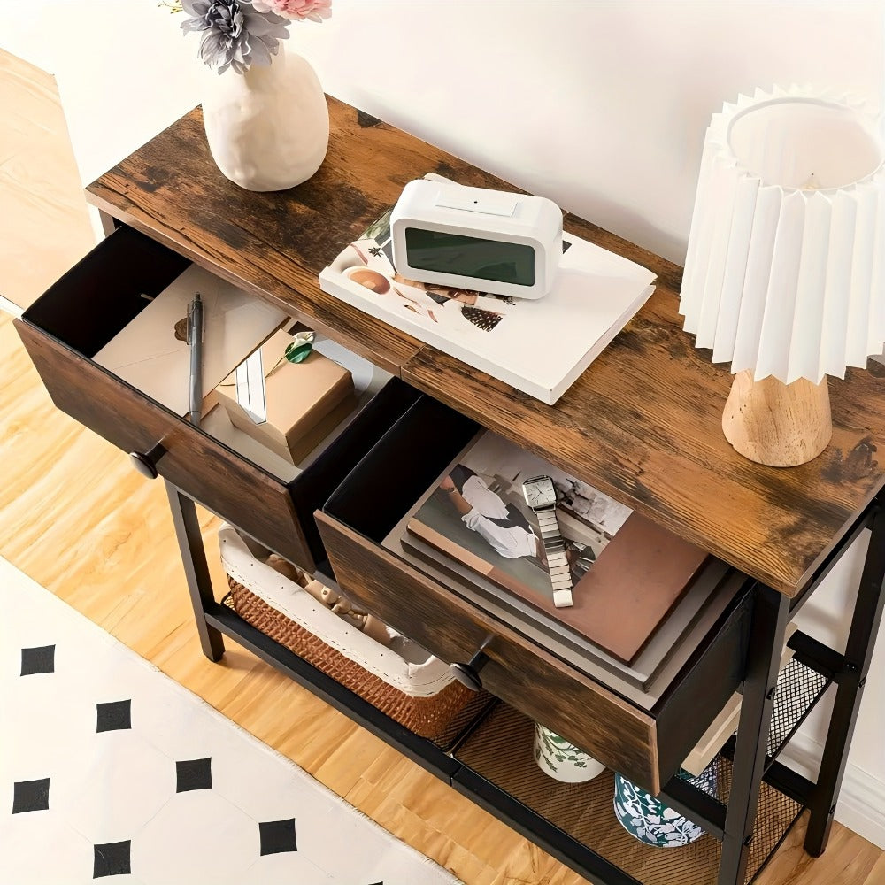 Narrow Console Table 29.5 Inch with 2 Fabric Drawers & 3-Tier Storage Shelves, Rustic Brown & Black Entryway Sofa Table for Living Room Hallway