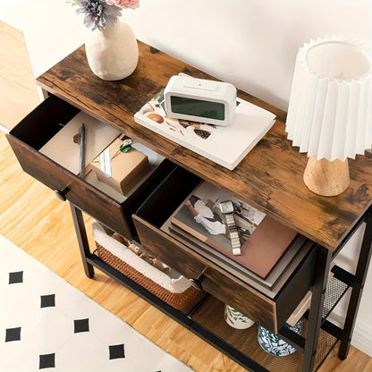Narrow Console Table 29.5 Inch with 2 Fabric Drawers & 3-Tier Storage Shelves, Rustic Brown & Black Entryway Sofa Table for Living Room Hallway