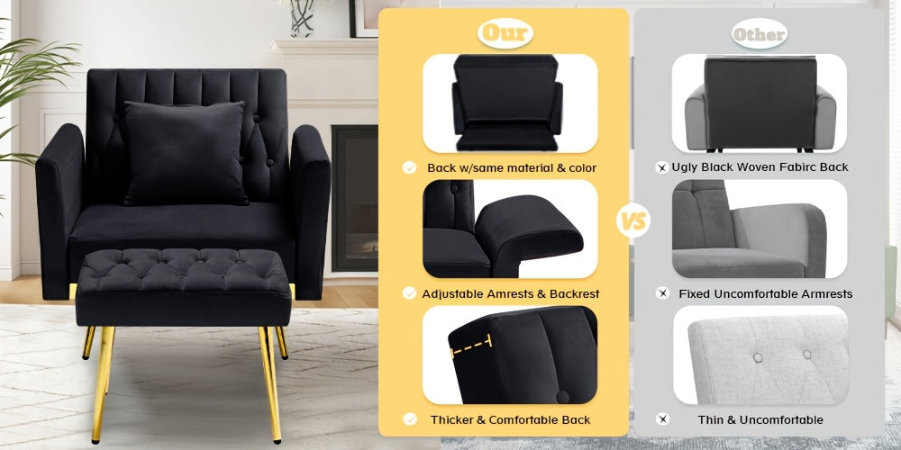 ACMEASE 31.5" Velvet Upholstered Single Chair with Adjustable Armrest And Back, Comfy Armchair with Movable Ottoman, Tufted Accent Chair with Soft Pillow for Living Room