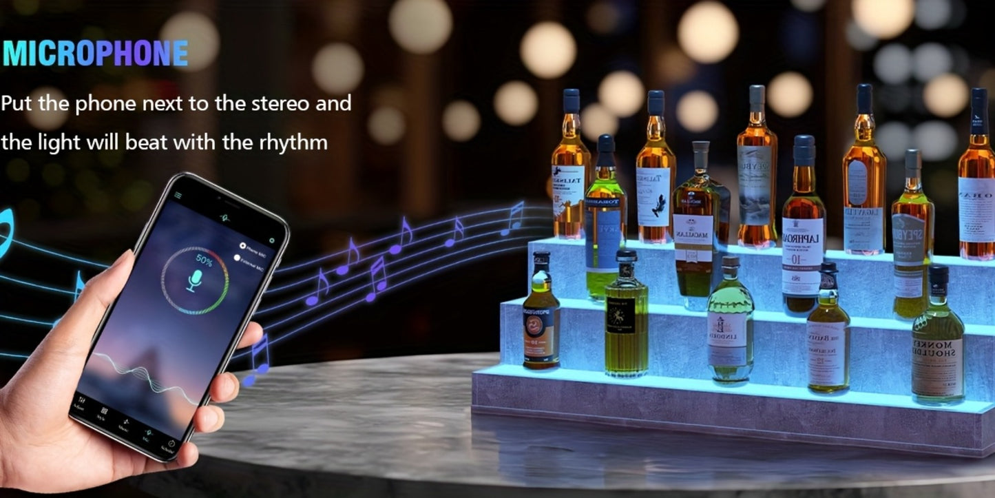 LED Lighted Liquor Bottle Display Shelf, 2-Tier Freestanding Bar Shelf with Warm Glow Lighting, Walnut & Gray Wood Home Bar Shelving Unit for Party Bar Decor