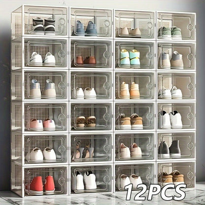 Clear Stackable Shoe Storage Boxes with Flip Top Lid, Foldable Plastic Shoe Organizer for Closet, Sneaker Container Bins – 6/10/12/24 Pack, Black or White