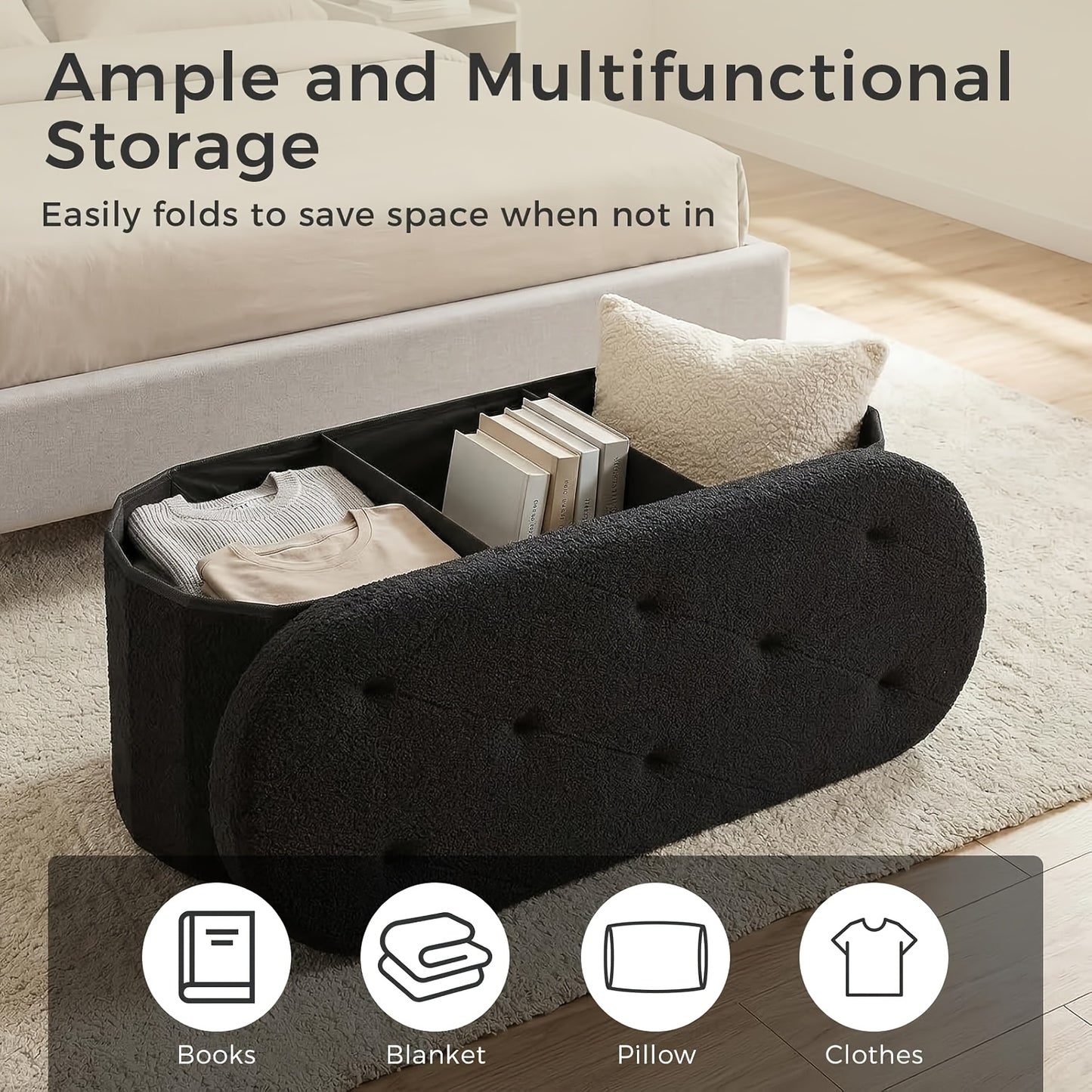 Folding Storage Ottoman Bench, 30/43 Inches Oval Round Foot Rest Stool, Cushioned Seat with Storage Chest, 250 Lb Capacity for Living Room