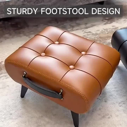 Faux Leather Ottoman Footstool, Small Square Accent Stool with Wooden Frame & Metal Legs for Living Room Entryway Bedroom Office, Retro Modern Shoe Changing Bench – Blue Brown Black Grey Green