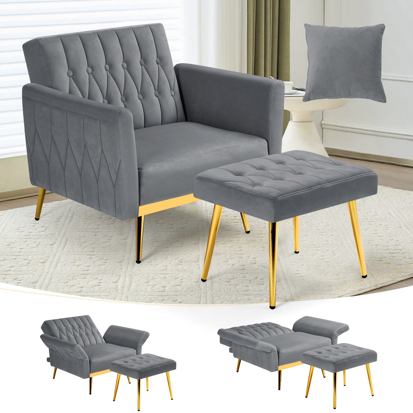 ACMEASE 31.5" Velvet Upholstered Single Chair with Adjustable Armrest And Back, Comfy Armchair with Movable Ottoman, Tufted Accent Chair with Soft Pillow for Living Room