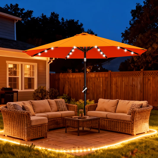 9ft Solar-Powered LED Patio Umbrella, Durable Outdoor Market Table Umbrella, Ventilated Sunshade with Push-Button Tilt, 32 LED Lights, UV Protection, Suitable for Gardens, Pools, Patios, and Yards. Base Not Included