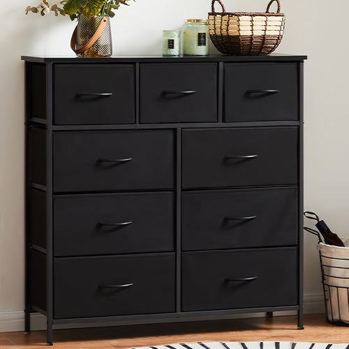 9 Drawer Fabric Dresser with Bins Tall Chest Organizer for Bedroom Closet Hallway Steel Frame Wood Top Easy Pull Handles