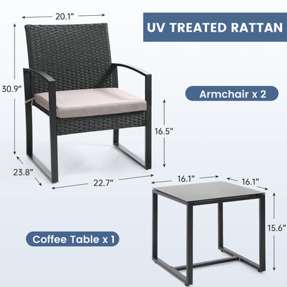 Outdoor Chairs with Bistro Table Furniture Set, Wicker Rattan 3pc Conversation Set includes 2 Waterproof Chairs with Thick Cushions and 1 Bistro Table with Safety Glass Top, Clearance