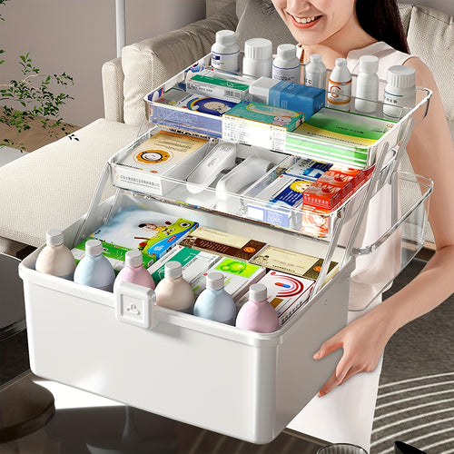 Large-Capacity Multi-Tier Medication & First Aid - Plastic Medicine Chest with Freestanding, Suitable for Home Organization, Emergency Box for Medicines,, Small Tools, Polypropylene